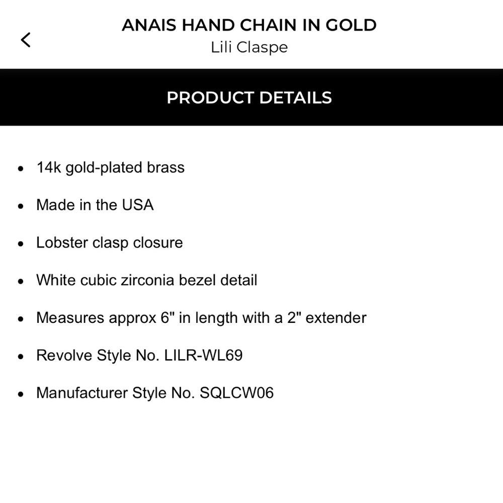Lili Claspe Anais Hand Chain in Gold - Picture 3 of 3